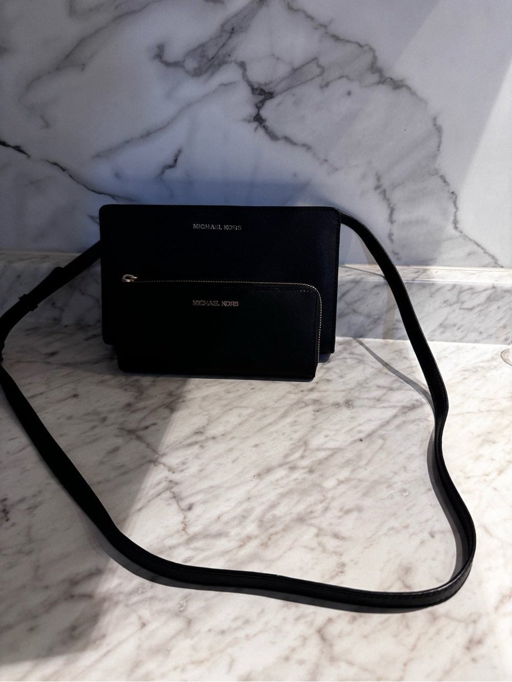 MICHAEL KORS Black Pebbled Leather Crossbody with Zip Wallet